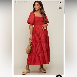 PinkBlush Rust Square Neck Smocked Puff Short Sleeve Tiered Maternity Midi Dress